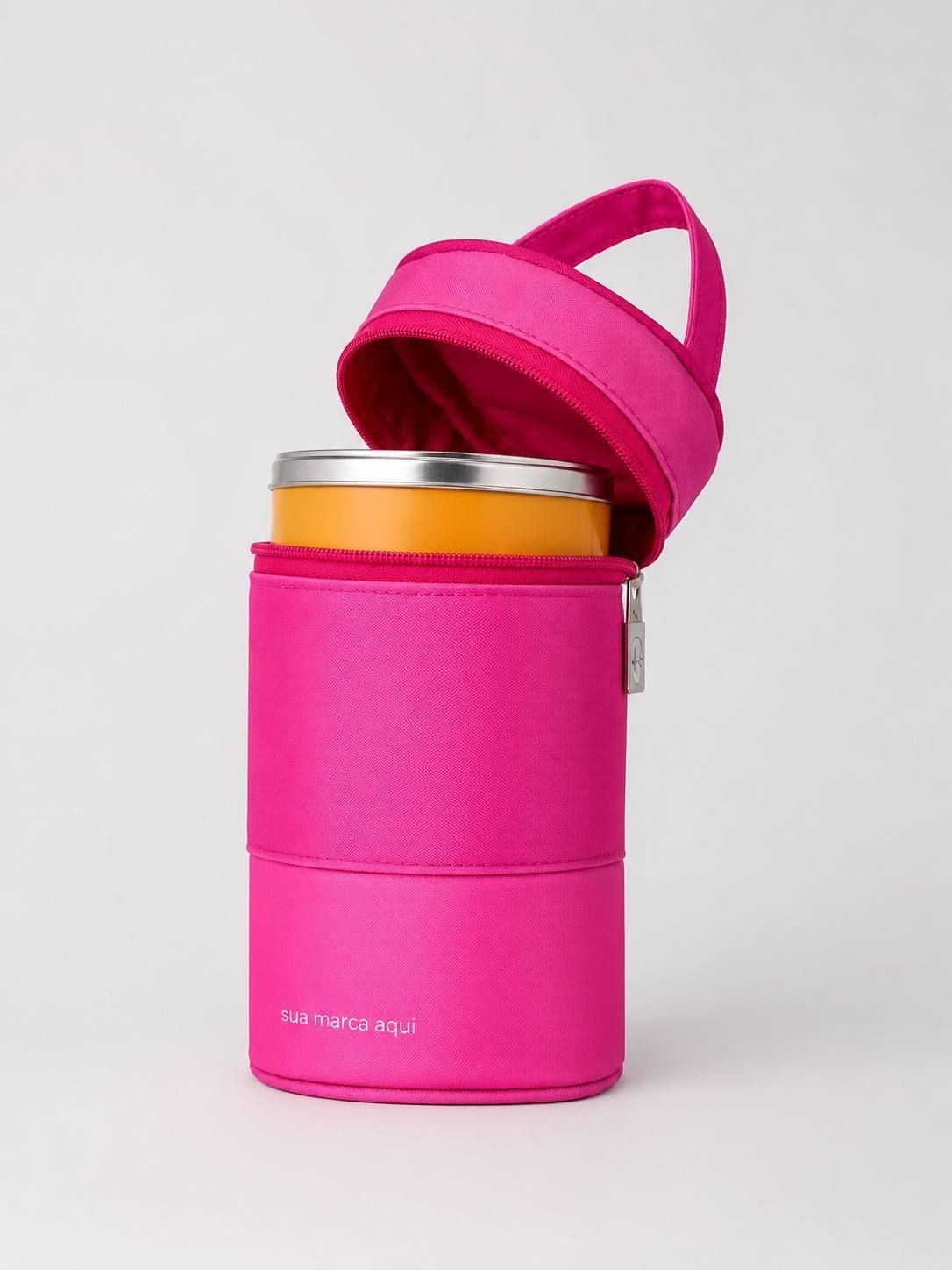 Necessaire cil&iacute;ndrica personalizada em nylon com al&ccedil;a de m&atilde;o e fechamento em z&iacute;per