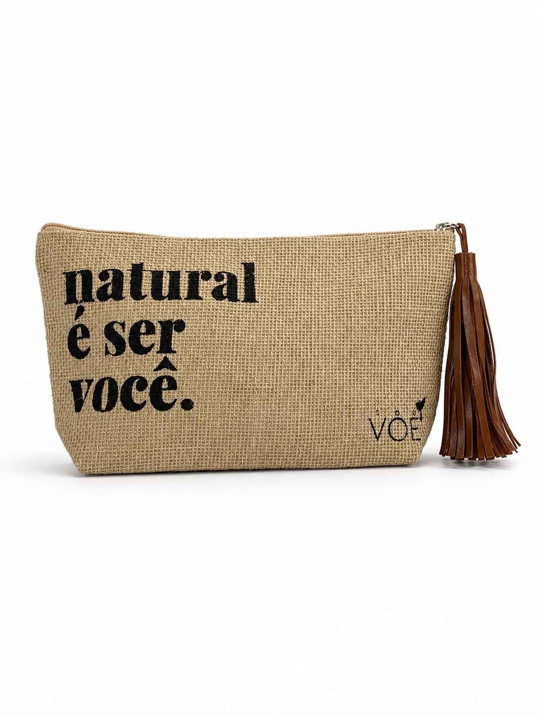 Pouch personalizada em juta com textura natural para marcas de beleza, lifestyle e autocuidado